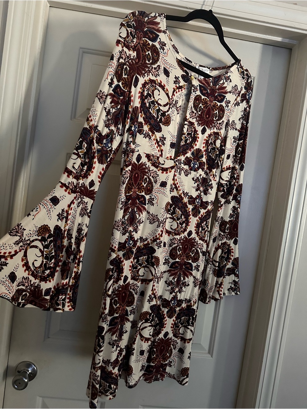 VENUS Cream Dress with Burgundy & Navy Paisley Print